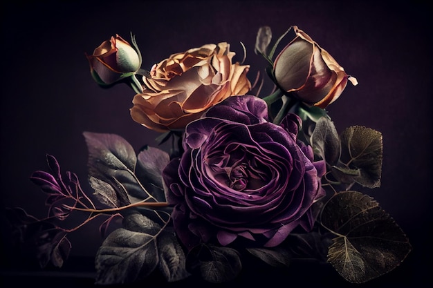 Purple roses on a black background with a place for your textgenerative ai