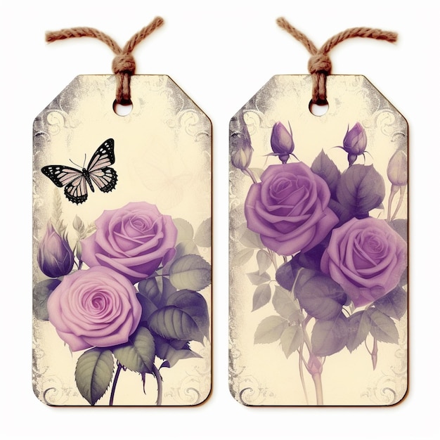 Photo purple roses and a butterfly are on a tag with a string generative ai