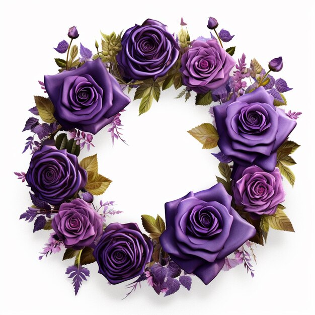 Premium AI Image | Purple roses and leaves arranged in a circle on a ...