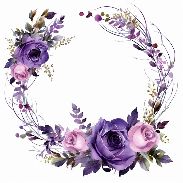 Purple roses and leaves arranged in a circle on a white background generative ai