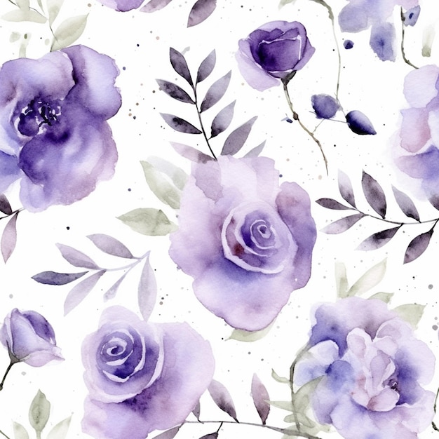 Purple roses and leaves on a white background generative ai