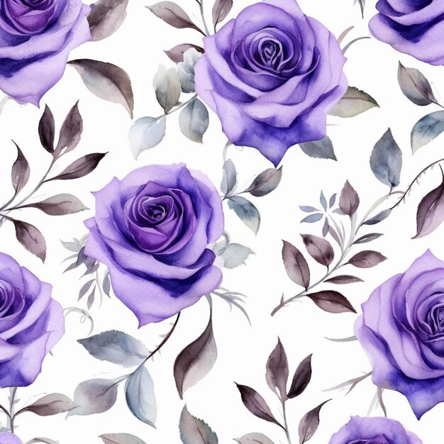 Purple roses and leaves on a white background generative ai