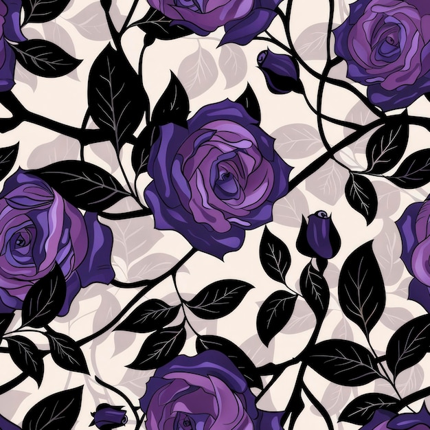Purple Roses with Black Leaves Floral Pattern