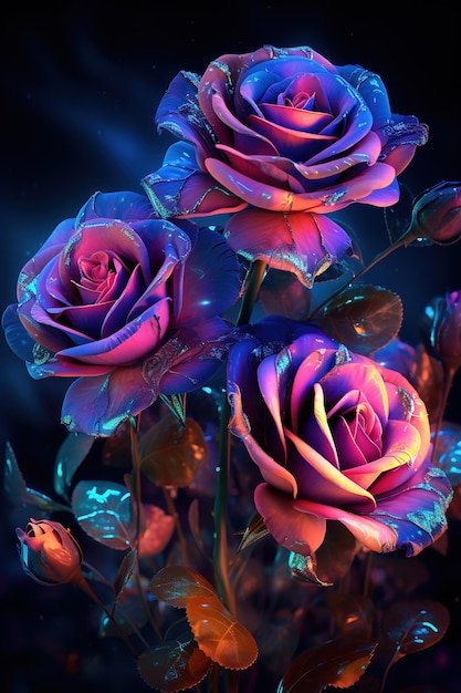 purple roses with a blue background and a blue and red light