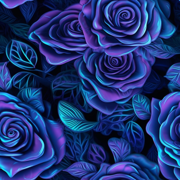 Purple roses with green leaves are in a dark background generative ai