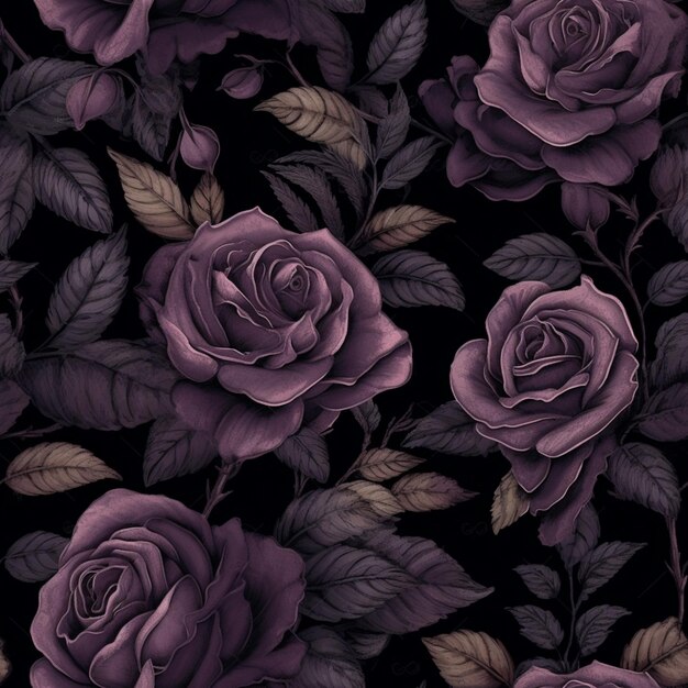 Premium AI Image | purple roses with leaves on a black background ...