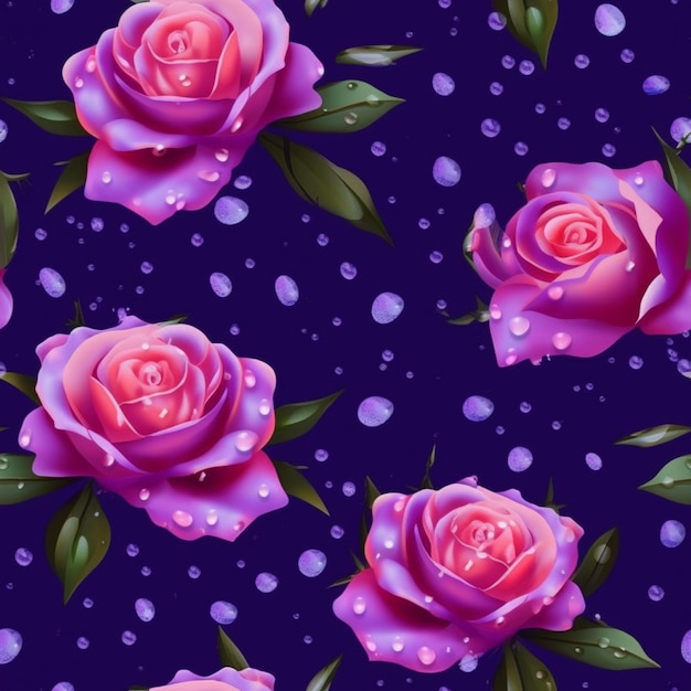 Purple roses with water droplets on a blue background generative ai
