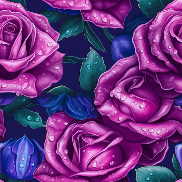 Purple roses with water droplets on them are on a blue background generative ai