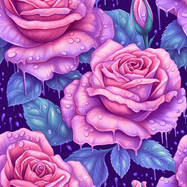 Purple roses with water drops on them on a black background generative ai