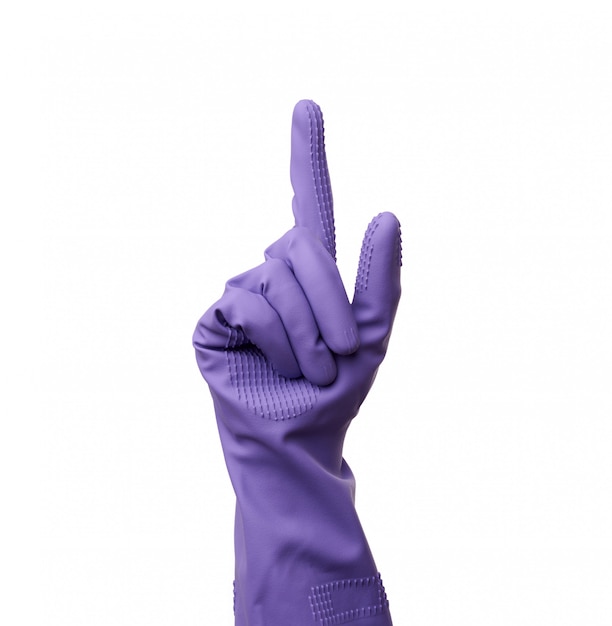 Purple rubber glove for cleaning is dressed on the hand, protection of the hands from chemicals