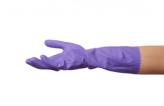 Purple rubber glove for cleaning is dressed on his hand