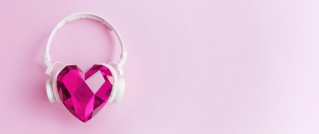 Photo purple ruby heart in headphones on a pink background jewelry generative ai