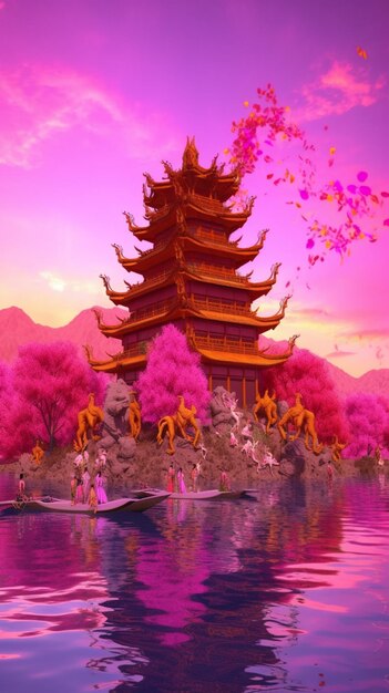 Foto una scena viola con una pagoda e un cielo rosa