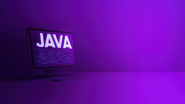코드 프로그래밍 언어와 함께 Java라는 단어를 표시하는 보라색 화면 온라인 프로그래밍 웹 개발 워크