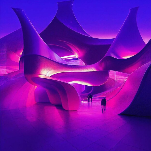 A purple sculpture with a pink light on it is lit up