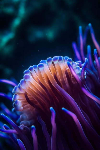 Purple sea anemone with a blue background