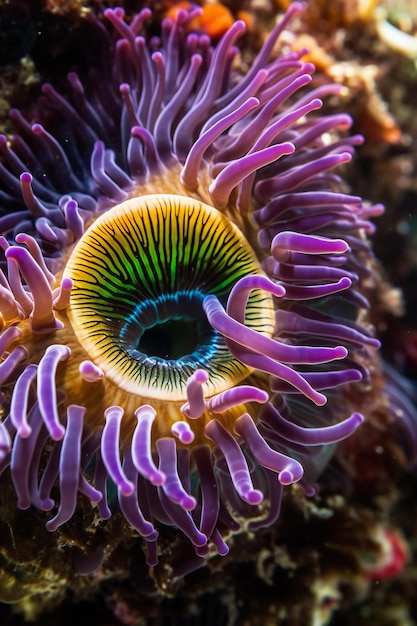 A purple sea anemone with purple stripes on its bottom.