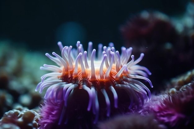 Purple sea anemone with white and purple stripes on the bottom