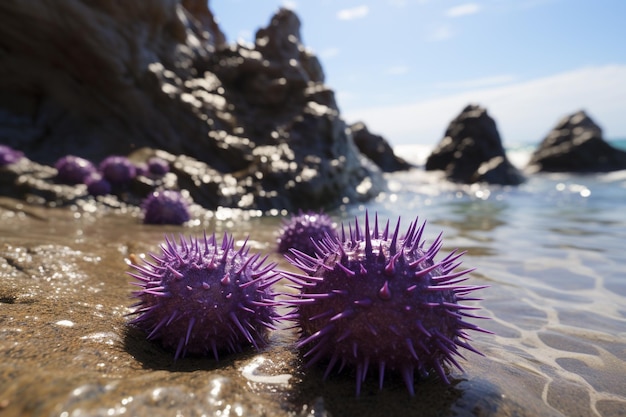 Purple sea urchins on rocks