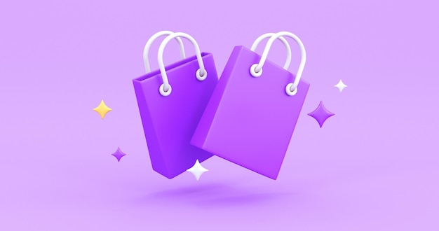 purple shopping bags in purple background 3d render