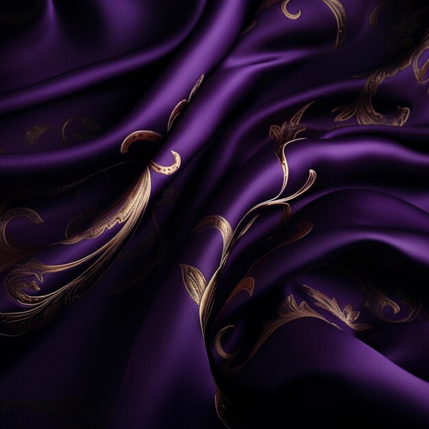 写真 金色の ⁇ 巻きと金色の葉のパターンを持つ紫色のシルク
