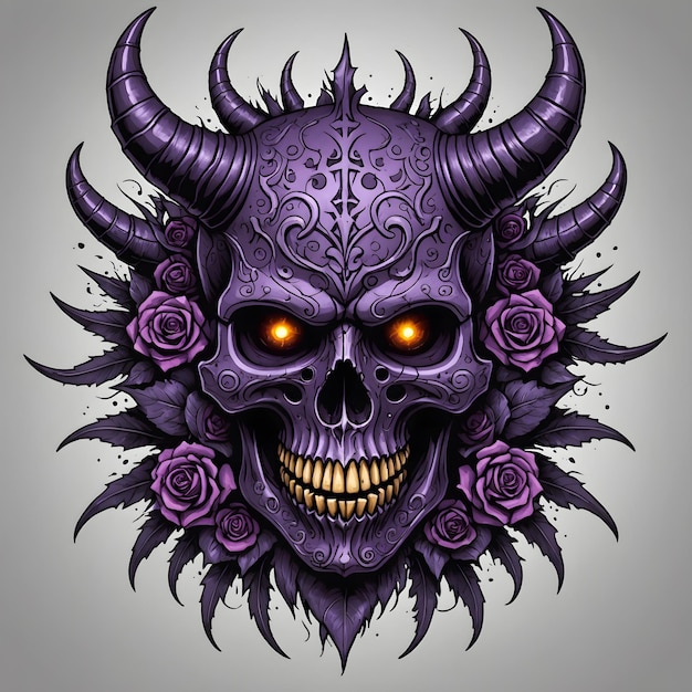 a purple skull with horns