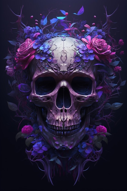 A purple skull with roses on it.