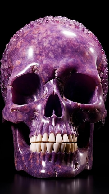 Purple skull with teeth and teeth missing on black background generative ai