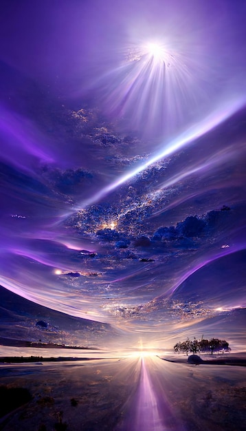 Пурпурное небо, наполненное множеством облаков и одиноким деревом, генерирующим искусственный интеллект