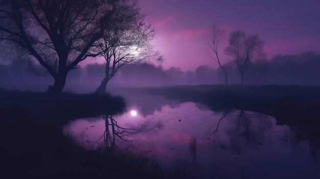 Purple sky over a lake with trees and a reflection of the sky.