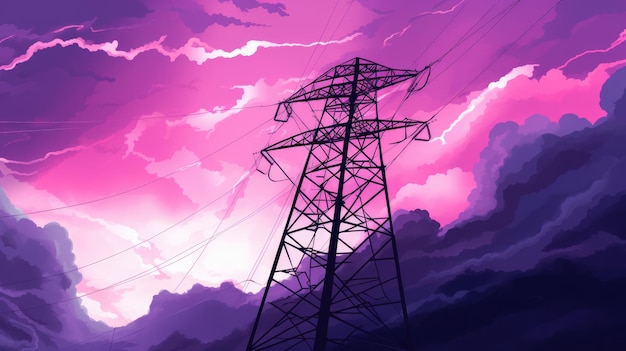 Purple sky painting with tower in the foreground