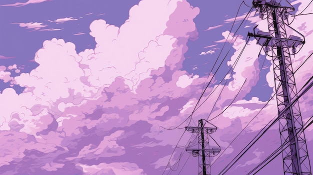 Purple sky with clouds and power lines