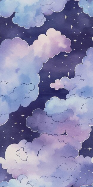 A purple sky with clouds and stars.