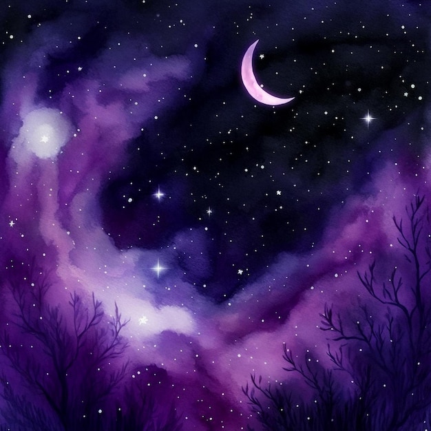 Photo a purple sky with a crescent moon and stars