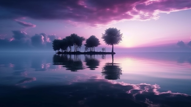 Photo a purple sky with a few trees on the water