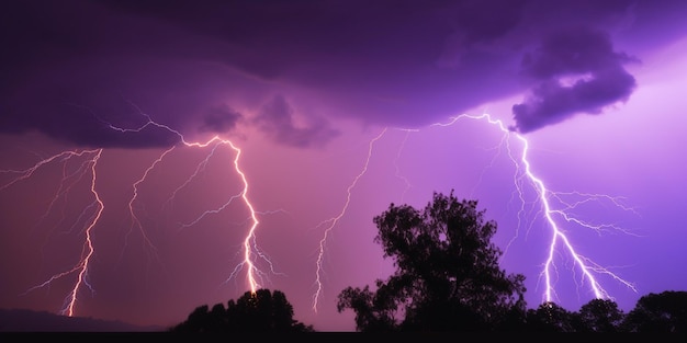 A purple sky with a lightning strike in the foreground