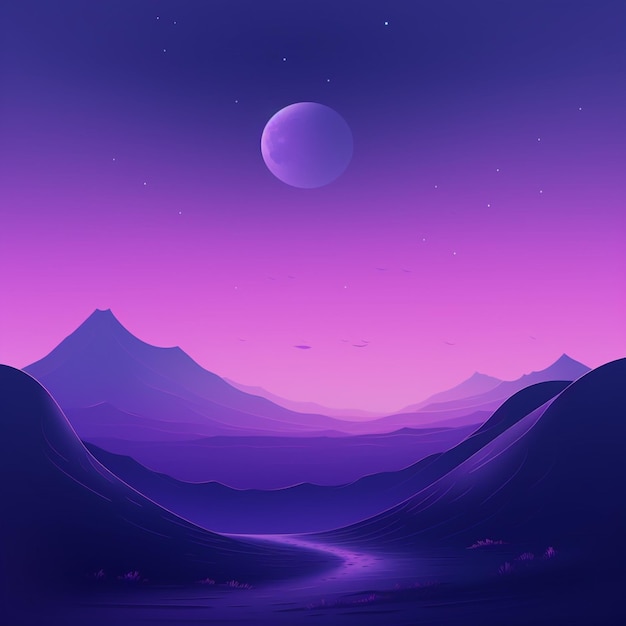 a purple sky with a moon and mountains in the background