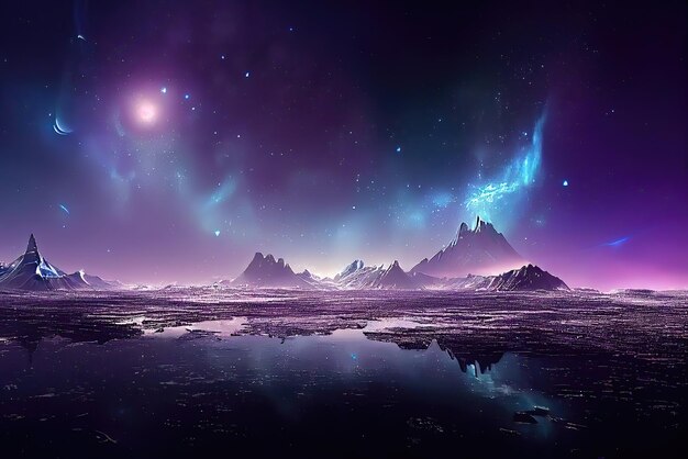 A purple sky with a mountain and a starry sky