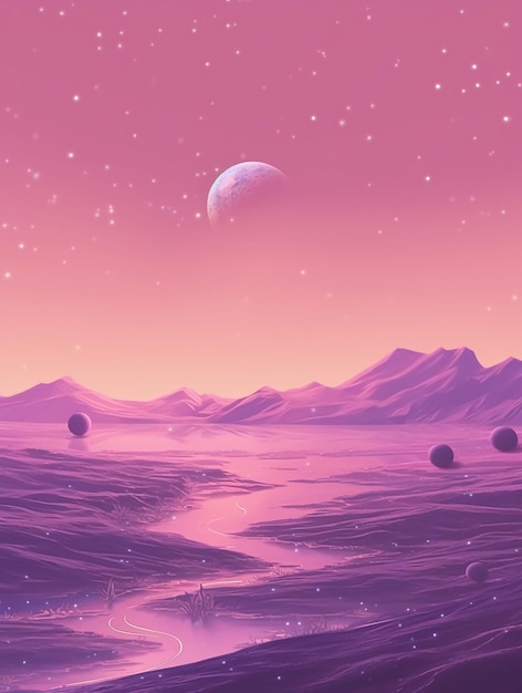 川と山を背景に紫の空