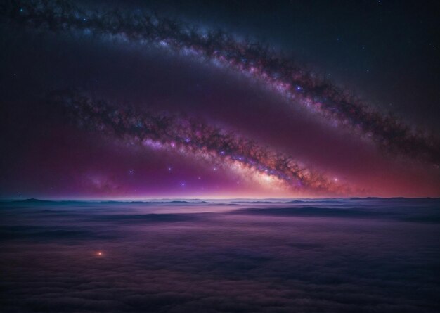 a purple sky with the stars and galaxy in the middle