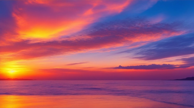 A purple sky with a sunset over a body of water