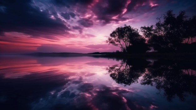 A purple sky with a tree and the sky with clouds