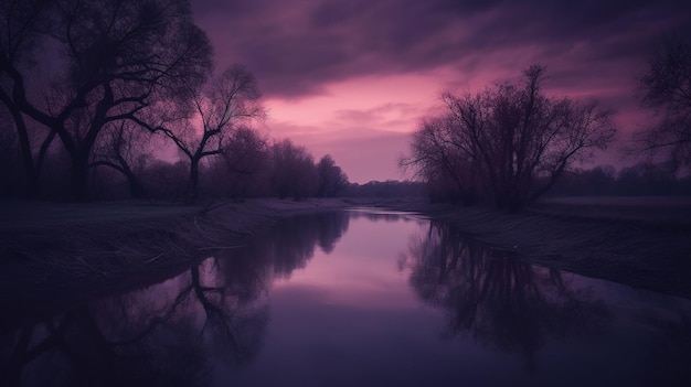紫色の空に木々があり、川という文字が描かれています