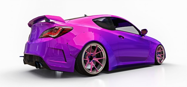 Фото Фиолетовый маленький спортивный автомобиль-купе. продвинутый гоночный тюнинг со специальными деталями и расширителями колес. 3d-рендеринг.