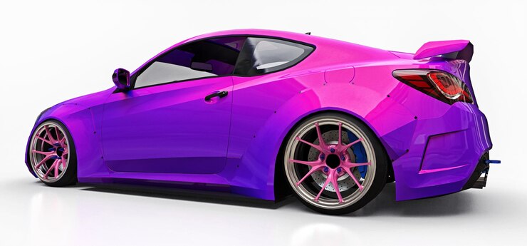 Purple small sports car coupe. Advanced racing tuning with special parts and wheel extensions. 3d rendering.