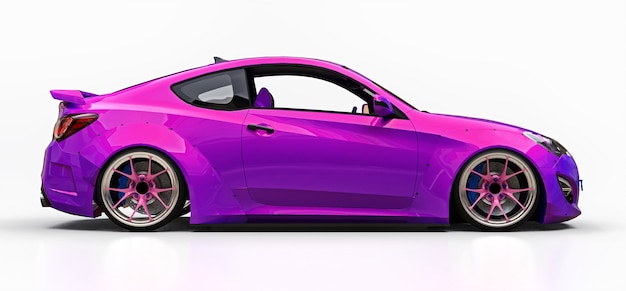 Purple small sports car coupe. Advanced racing tuning with special parts and wheel extensions. 3d rendering.