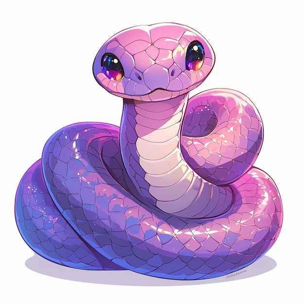 A purple snake with a pink head and yellow eyes The snake is curled up and he is cute