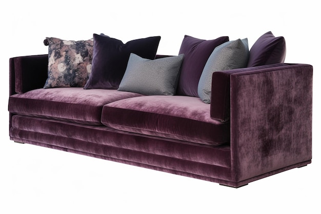 A purple sofa with a purple cushion in front of a white background.