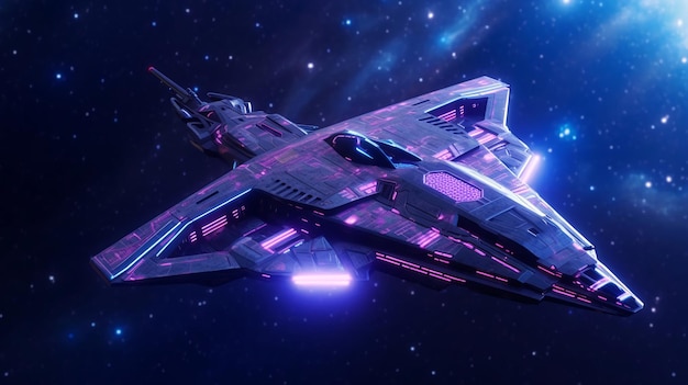 A purple spaceship with purple lights on the bottom and a purple star in the background.