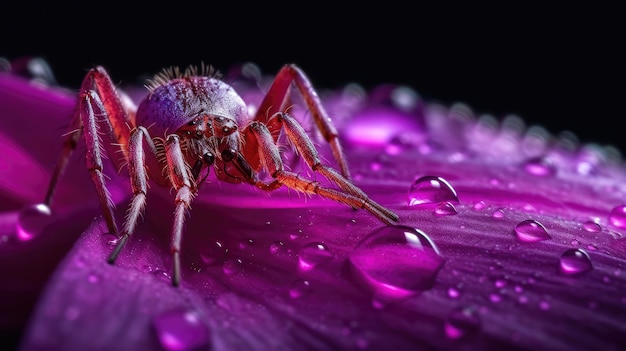 보라색 거미는 물방울이 있는 보라색 꽃 위에 앉아 있습니다.